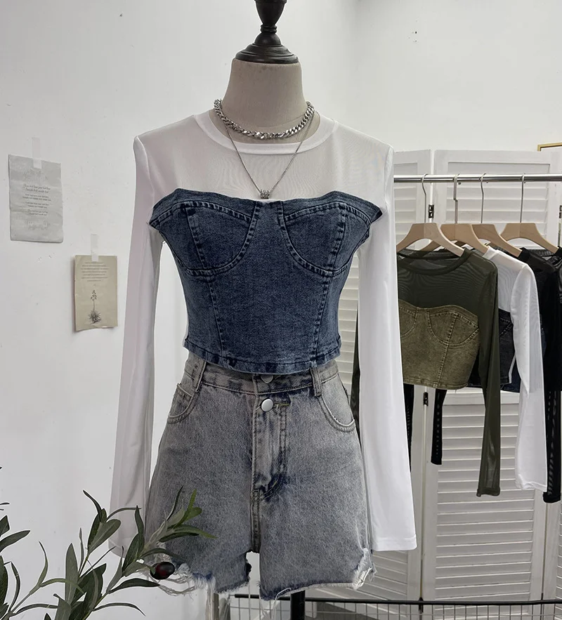 Churchf Fashion Fake Two Denim Splicing Mesh Long Sleeve Top Short Open Umbilion T-Shirt 2623