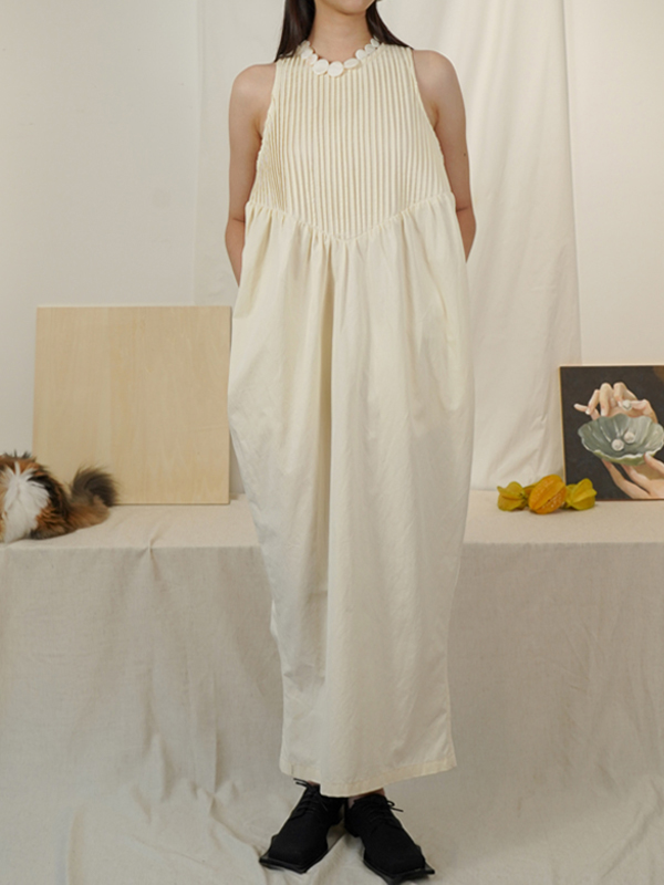 Loose Sleeveless Solid Color Round Neck Lantern Shape Cotton Midi Dress
