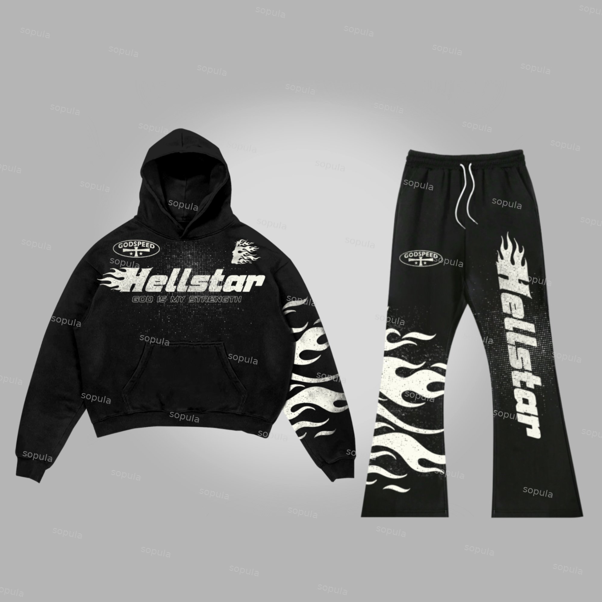 Sopula Men's Vintage Jesus Flame Graphic Hoodie & Flared Trousers Two Piece Set - SOPULA