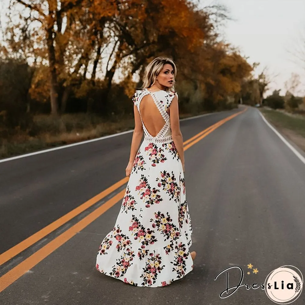 Summer Women Lace Hollow Backless Irregular Floral Long Beach Dress