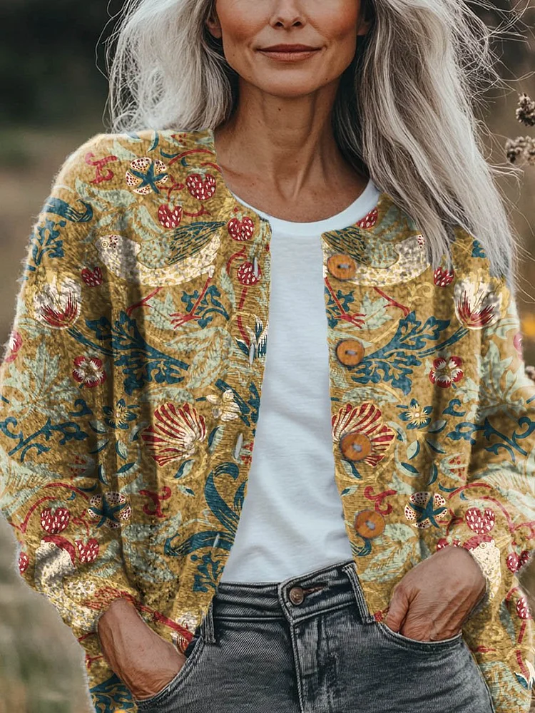 Women's Vintage Lovely Floral Birds Art Print Buttoned Cardigan Sweater