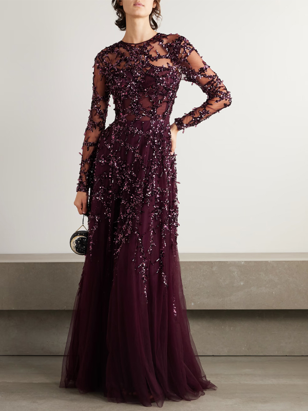 Round Neck Sequined Solid Color Maxi Dress