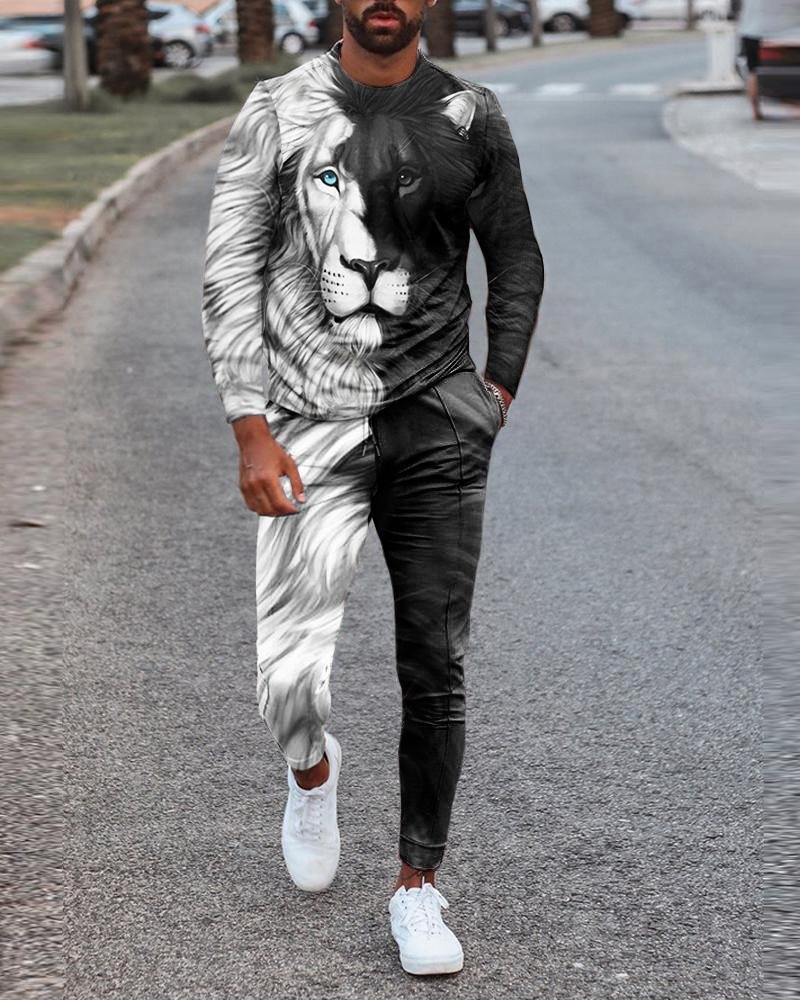 Men's Leisure Sports Animal Stitching Printed Long Sleeve Suit