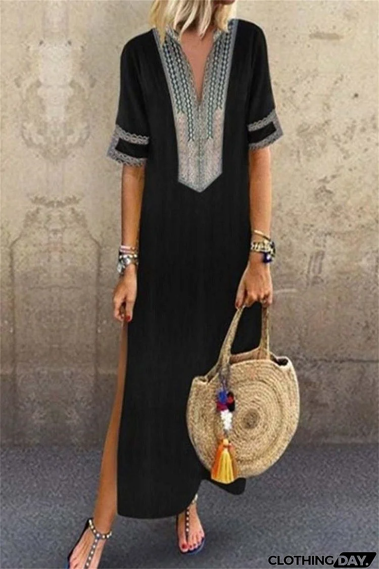 Patchwork Print V-neck Short Sleeves Maxi Dress