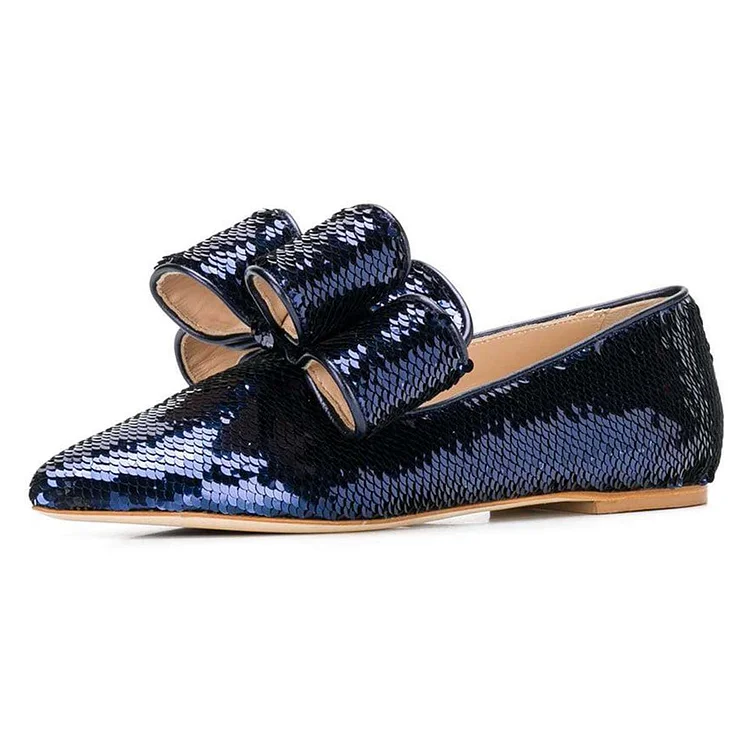 Navy Blue Sequined Slip On Pointed Toe Flats with Bow |FSJ Shoes