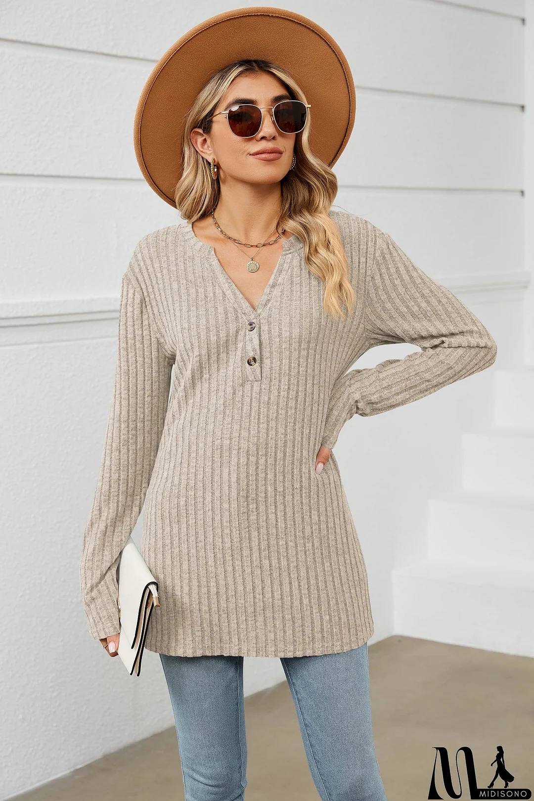 MidiSono - Notched Neck Ribbed Long Sleeve T-Shirt