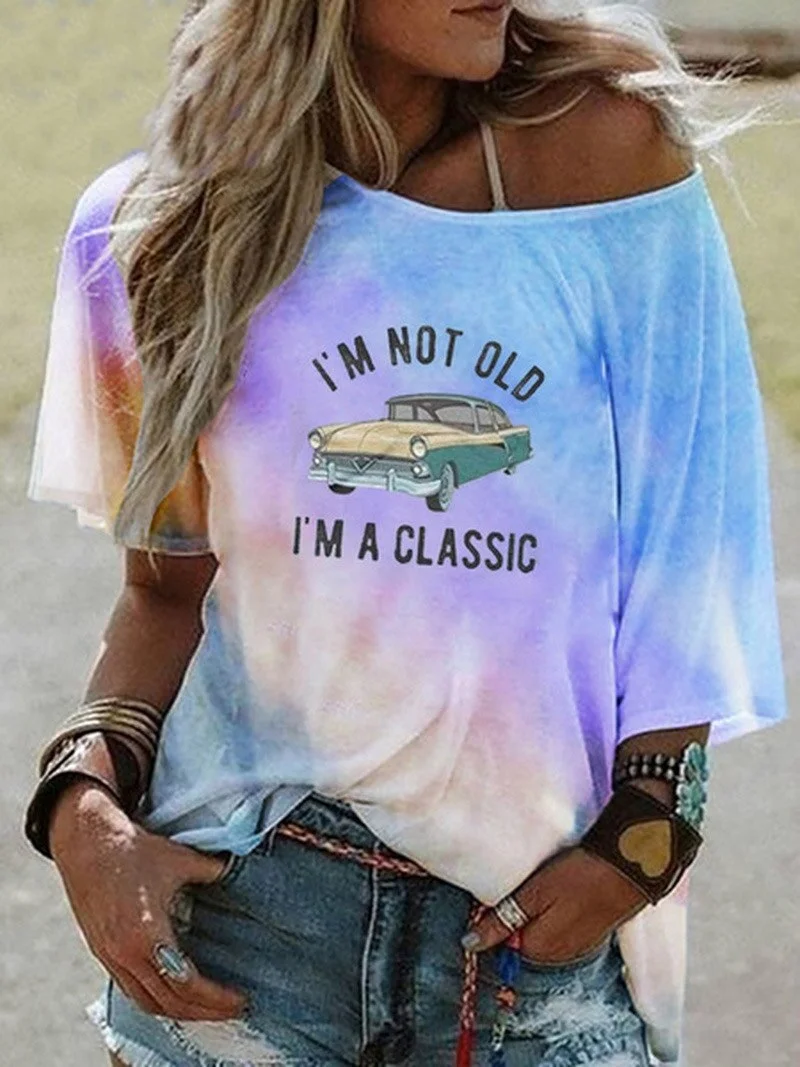 Graduation Gifts  Summer Tshirts Women Tie Dye Off Shoulder Top Ladies Casual Letter Print Half Sleeve Shirts Harajuku Fashion Graphic Tshirt Tops