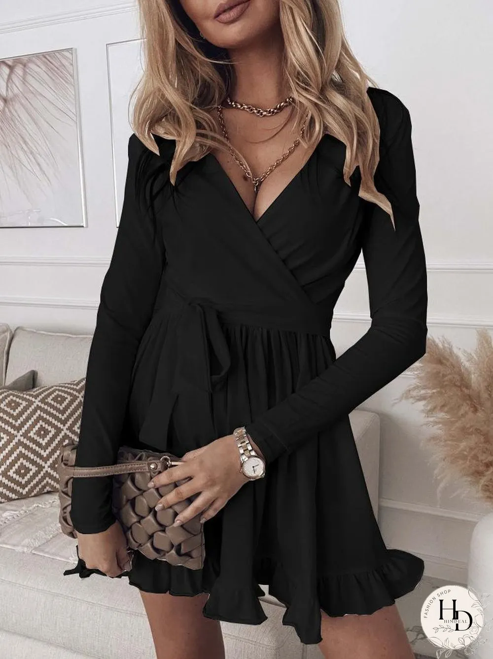 Women'S Dresses Slim Fit Deep V Neck Long Sleeve Mini Dress