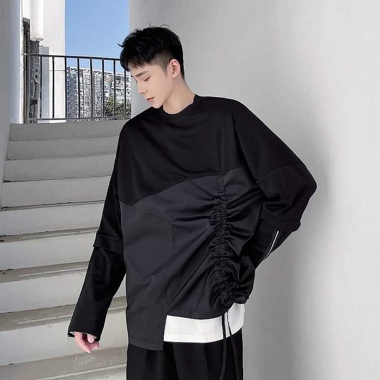 Dawfashion-Trendy Original Personality Draws Irregular Hem Round Neck Fashionable Long-sleeved T-shirt-Yamamoto Diablo Clothing