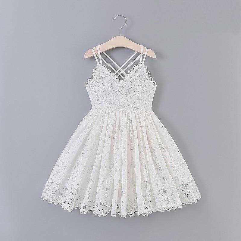 White Lace Girls Dress Criss-Cross Sling A-Line Flower Girls Clothing Embroidery Princess Sundress Toddler Girls Casual Clothes