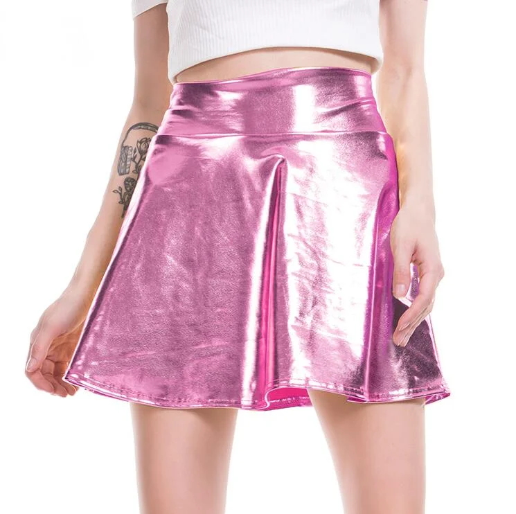 CUHAKCI Short Sexy High Waist Pleated Skirts Women Solid Casual Silver Gold Mini Laser Women Party Club