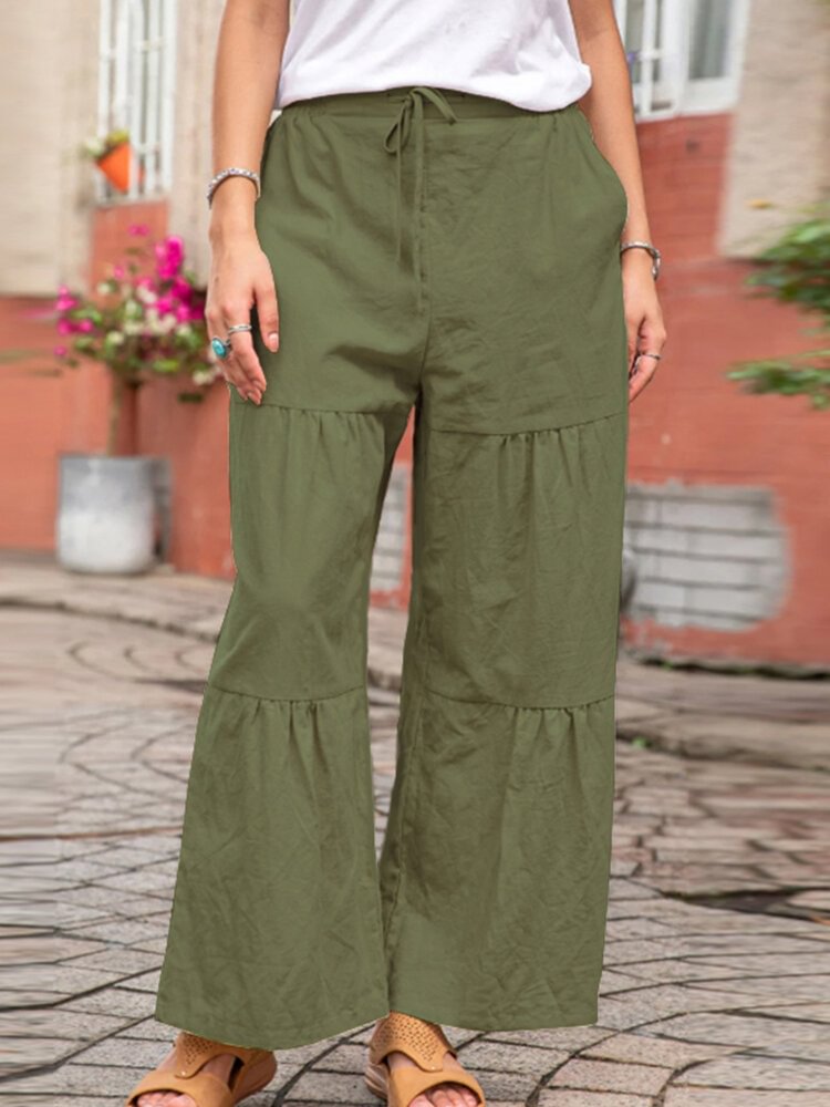 Casual Solid Color Elastic Waist Loose Layered Cotton Pants