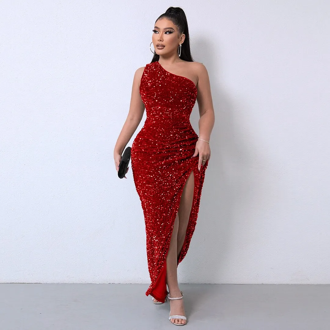 Uveng One Shoulder Wrap Split Thigh Sequin Formal Dress