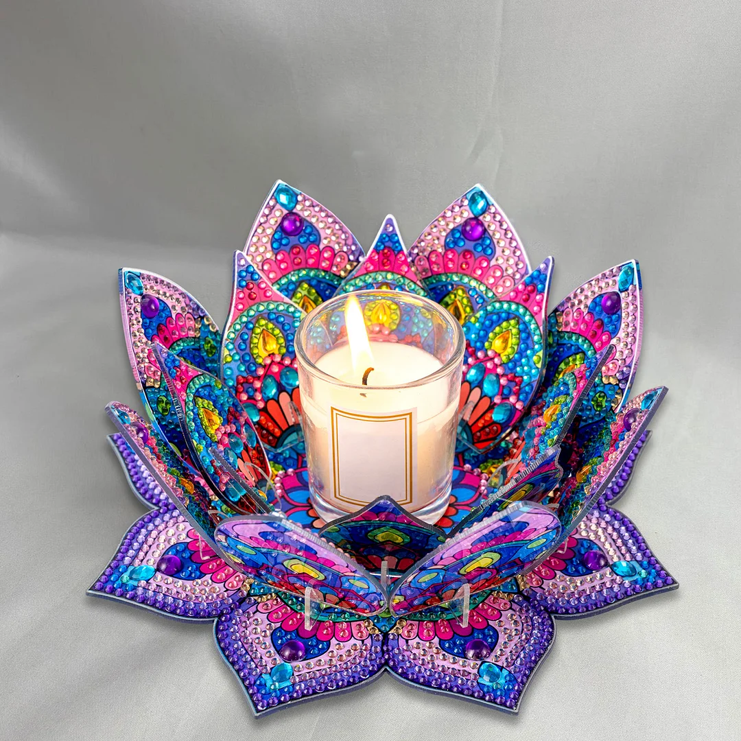 5D DIY Diamond Art Painting DIY Acrylic Desktop Ornament Flower Candle Holders Tealight Handmade Home Office Decor for Adults Beginners (Purple Lotus-A)