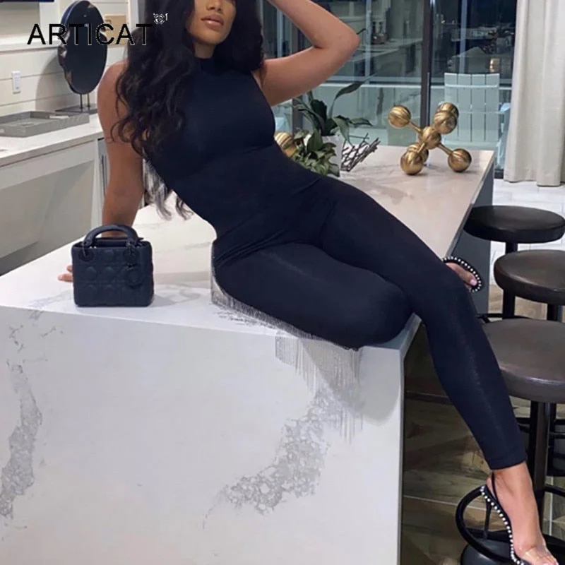 Articat Mock Collar Sleeveless Skinny Jumpsuit Women 2020 Summer Casual Bodycon Rompers Ladies Streetwear Bodysuit Clothes