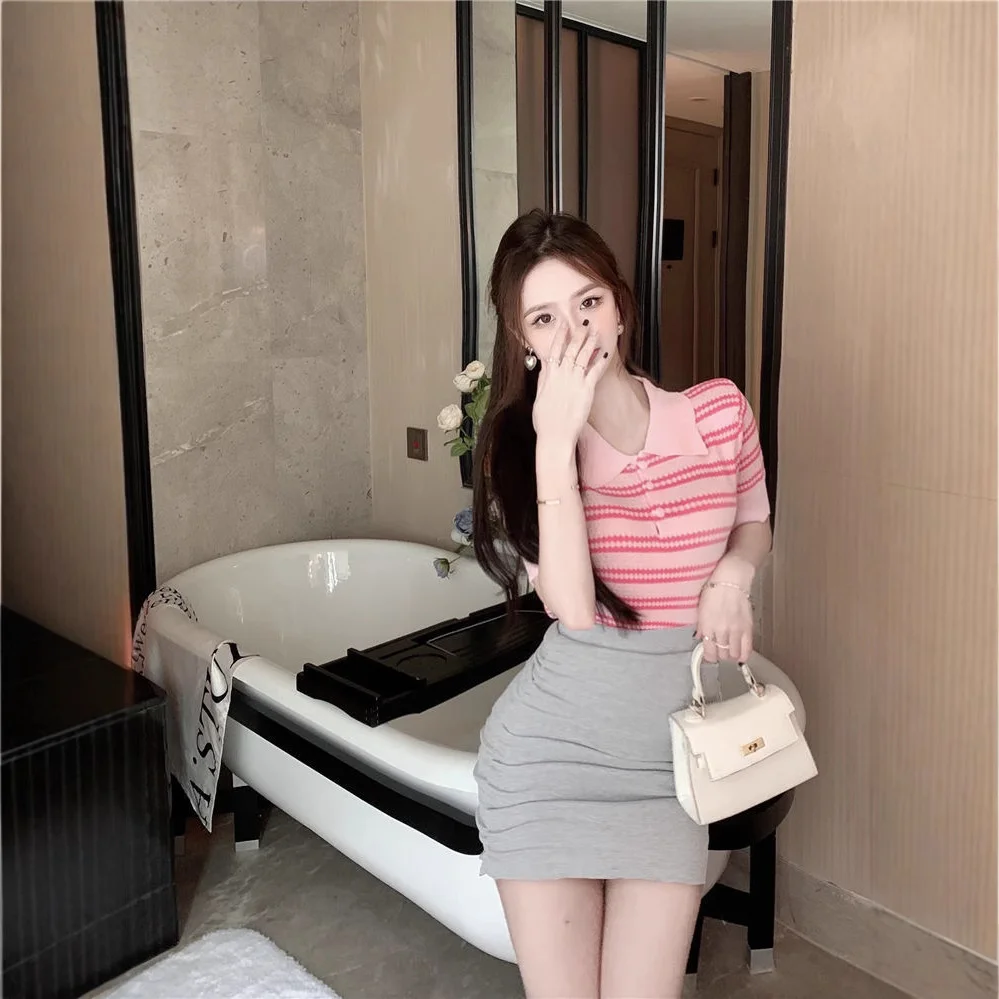 Uveng Uveng Silk Striped Knitted Shirt Girl Summer Chic Short-Sleeved T-Shirt Temperament Chic Thin Short Top