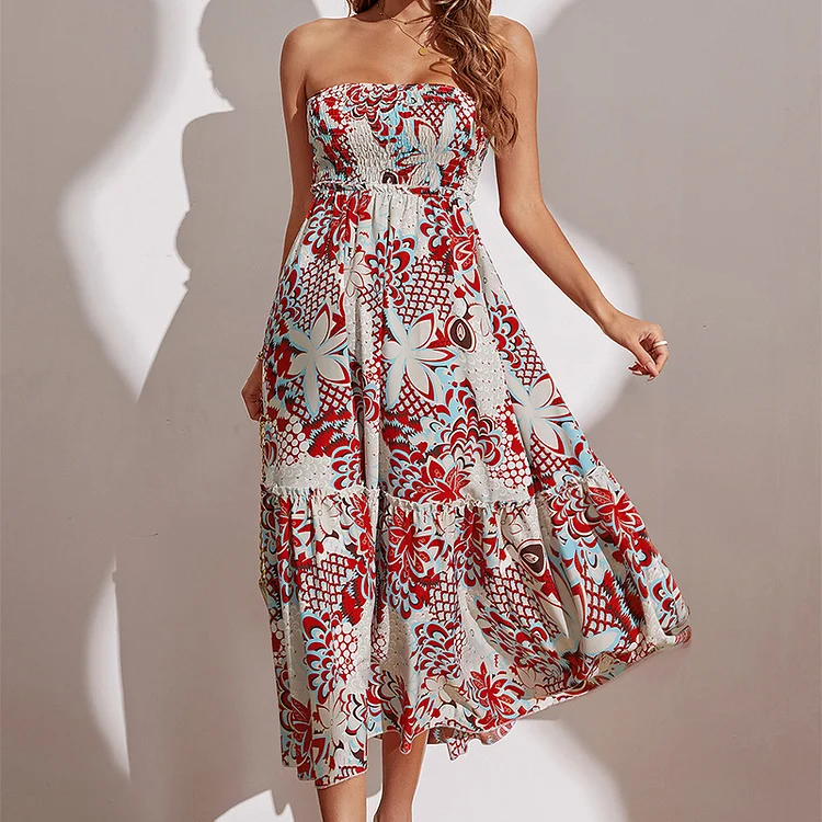 Women's Summer Bohemian Style Print Fashion Sexy Print Midi Dress