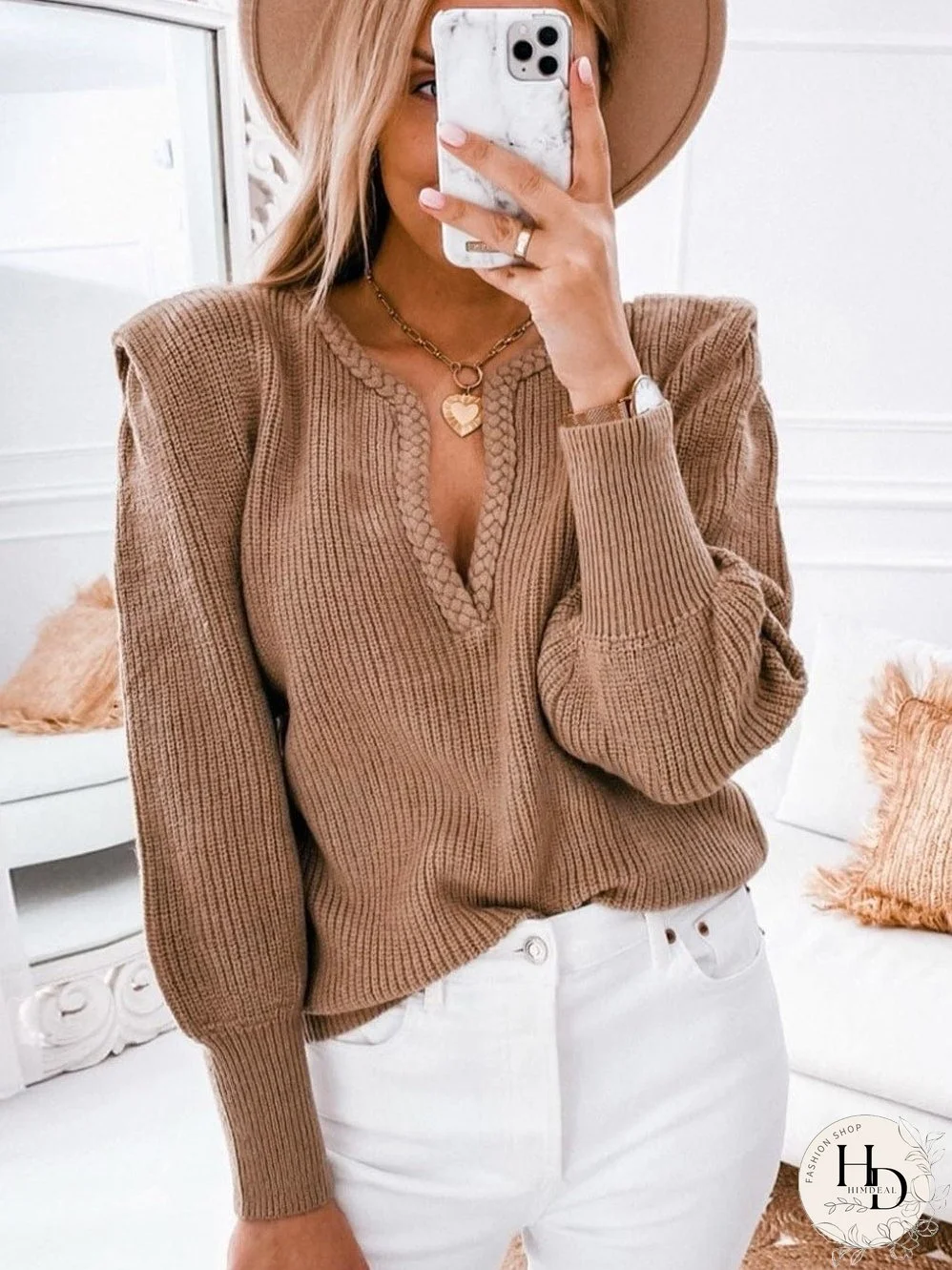 V-neck Knitted Sweater with Puff Sleeves