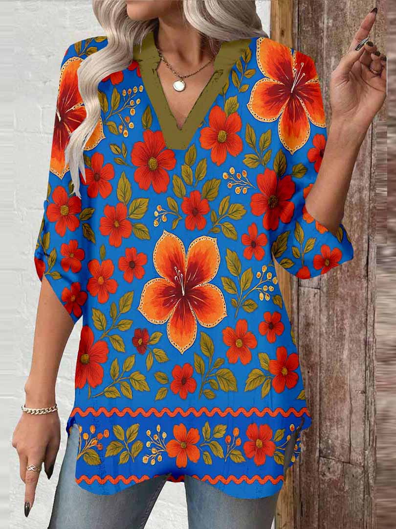 Women Floral, Blue, Red DZGA0085 3/4 Sleeve V-neck Printed Graphic Button Tops