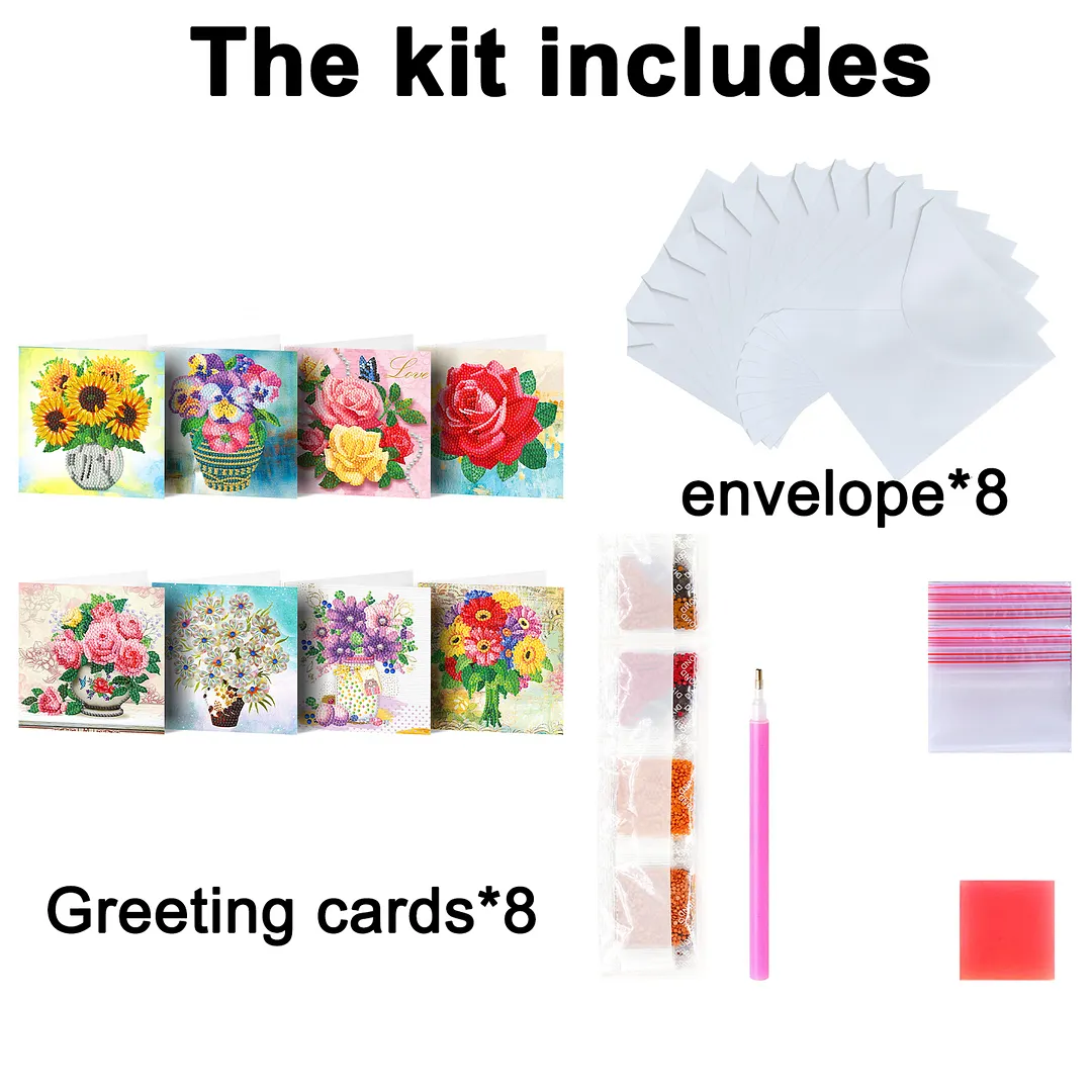 8PCS Vase DIY Diamond Painting Greeting Card Kits with Envelopes Diamond Art Greeting Cards Diamond Art Cards Kits for Adults DIY Crafts Family Friend Gifts