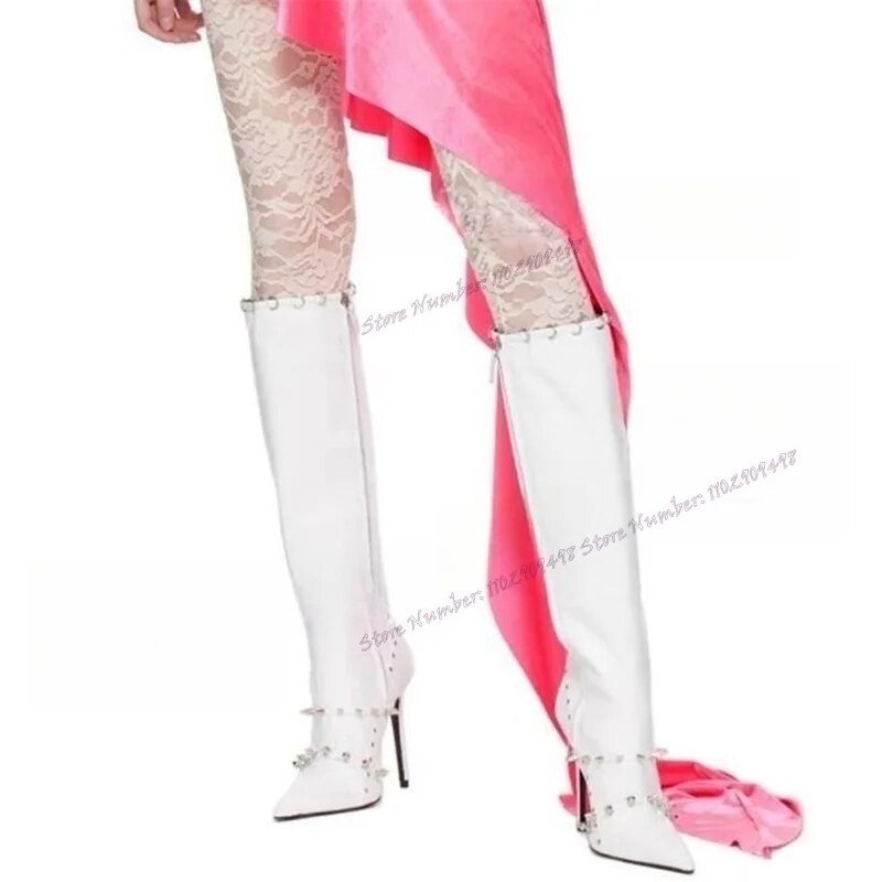 VCSHOES Pink Matte Leather Rivet Knee High Boots Pointed Toe Shoes For Women Thin High Heels Lady Shoes Zapatos Para Mujere