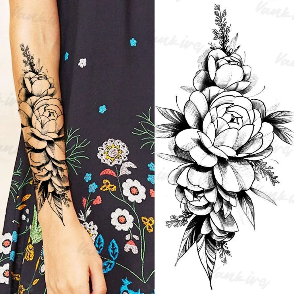 Sdrawing Peony Temporary Tattoos For Women Girls Realistic Anchor Butterfly Flower Fake Tattoo Sticker Sexy Body Arm Tatoos DIY