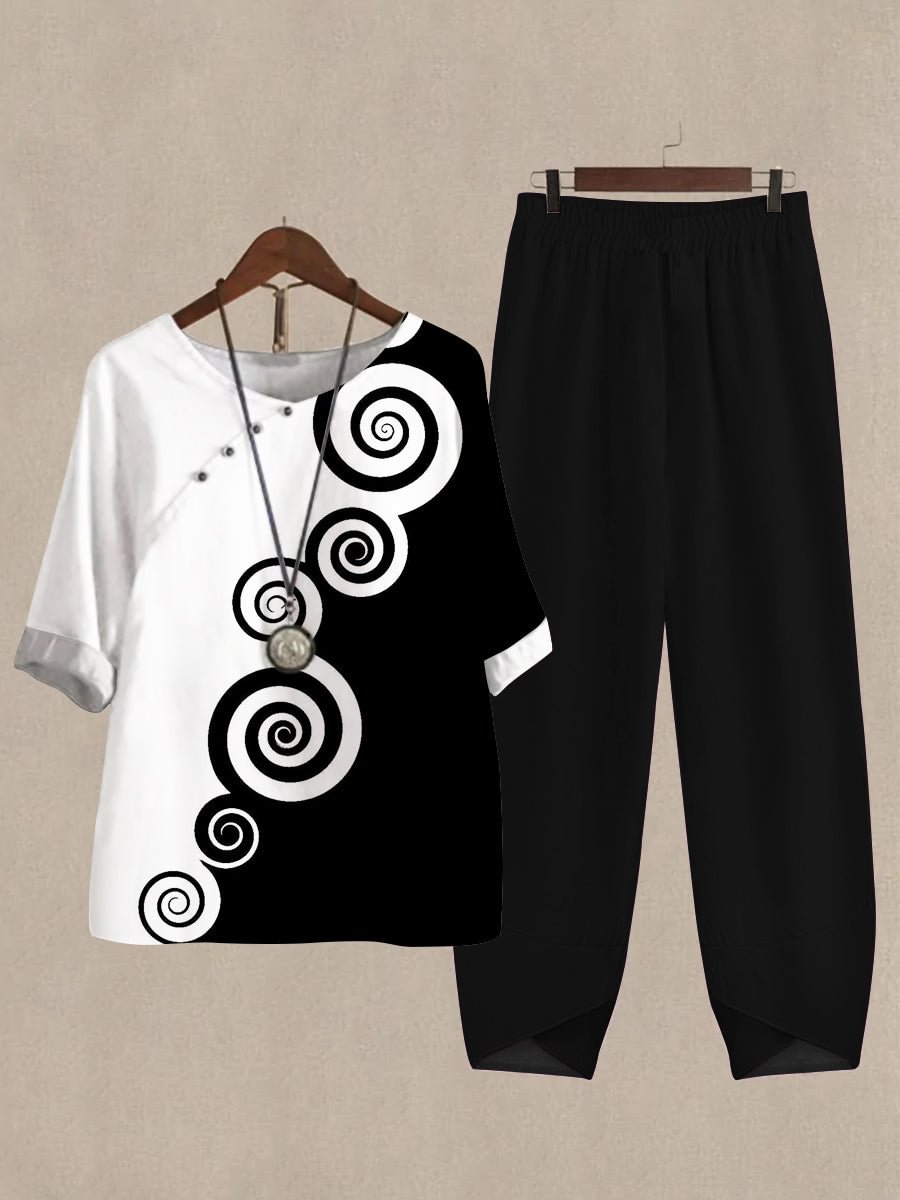 Women's Printed Color Block Half Sleeve Top And Wide Leg Pants Linen Two Pieces