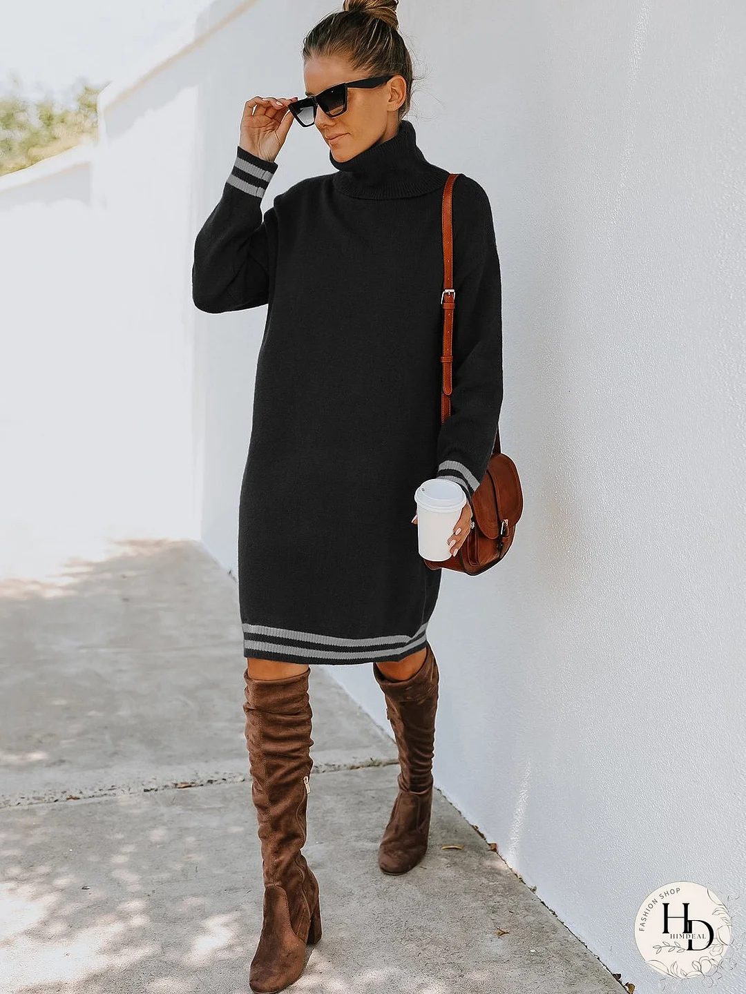 High neck long sleeve knitted dress