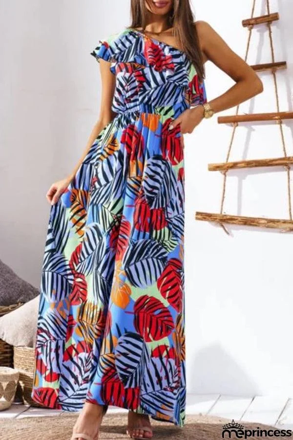 Nipped Waist Off Shoulder Printed Maxi Dress