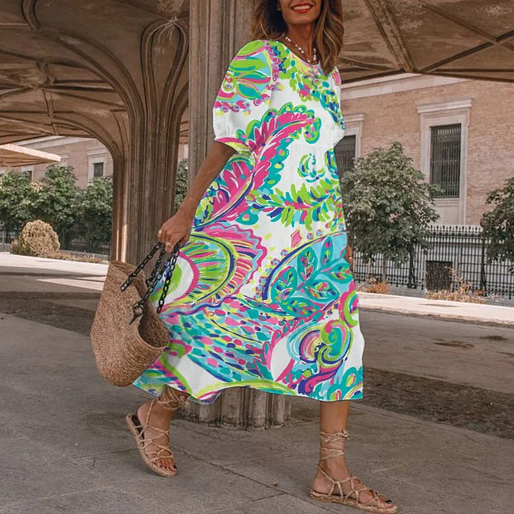 Crew Neck Cashew Flower Print Midi Dress