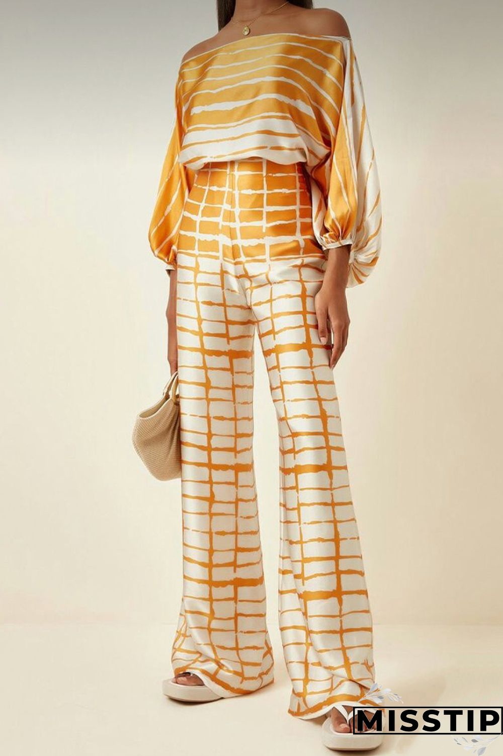 Yellow Casual Elegant Print Patchwork Off the Shoulder Long Sleeve Two Pieces