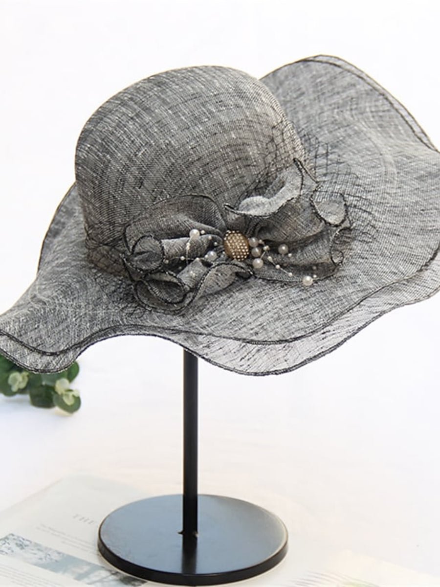 Women's Stylish Bucket Hat Mesh Flower Large Wave Brim Dome Sun Shade Hat