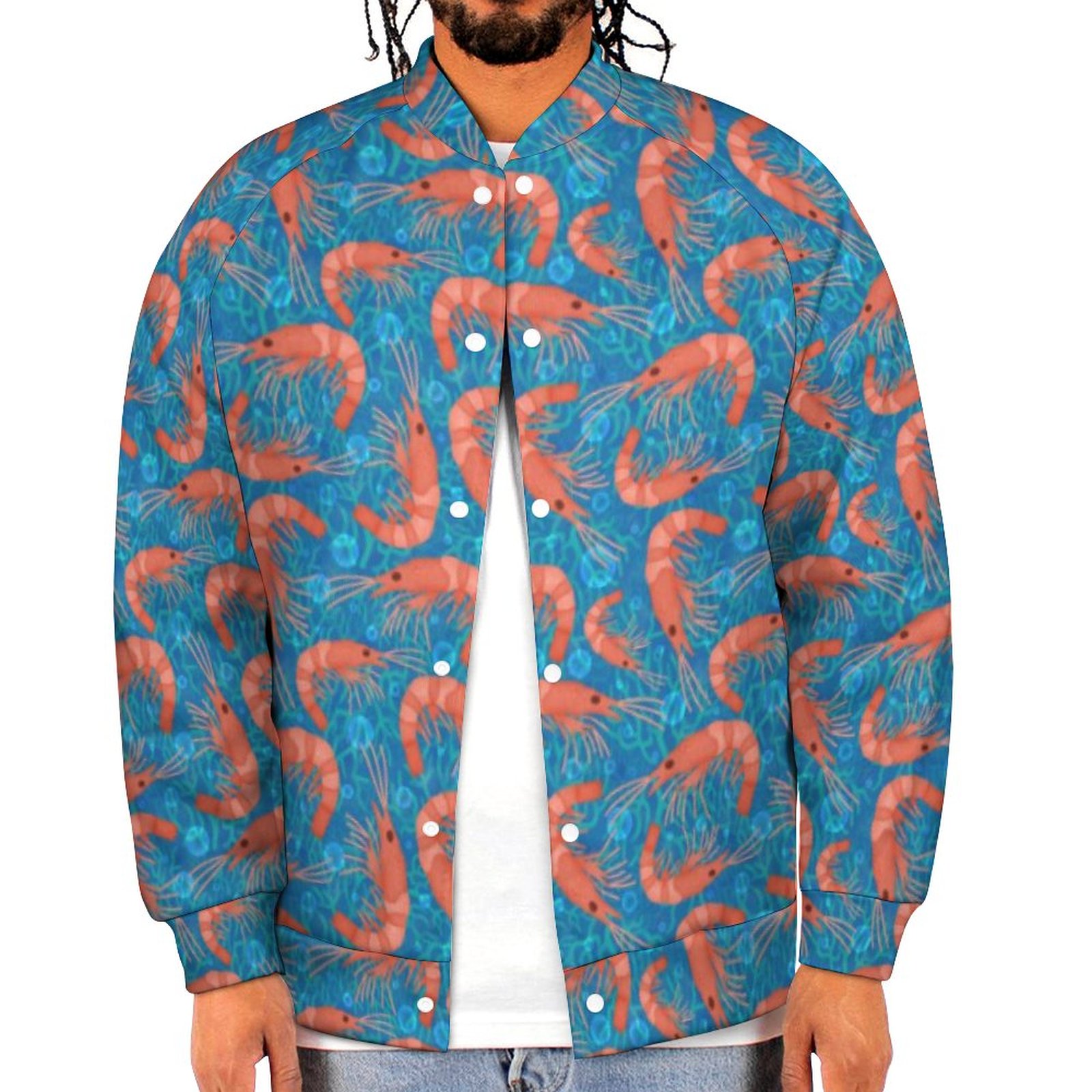 Shrimp Prawns Coral Sea Bubbles Nautical Ocean Sweatshirt Jacket Mens Casual Lightweight Button Up Bomber Jacket Outwear