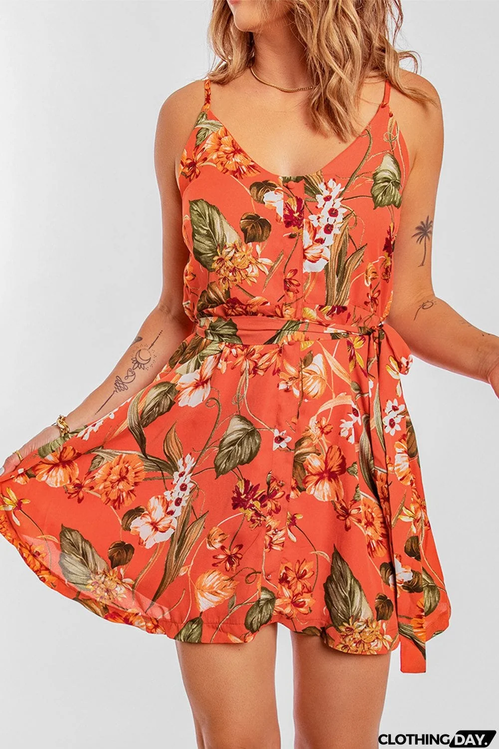 Floral Spaghetti Strap Tie Waist Dress