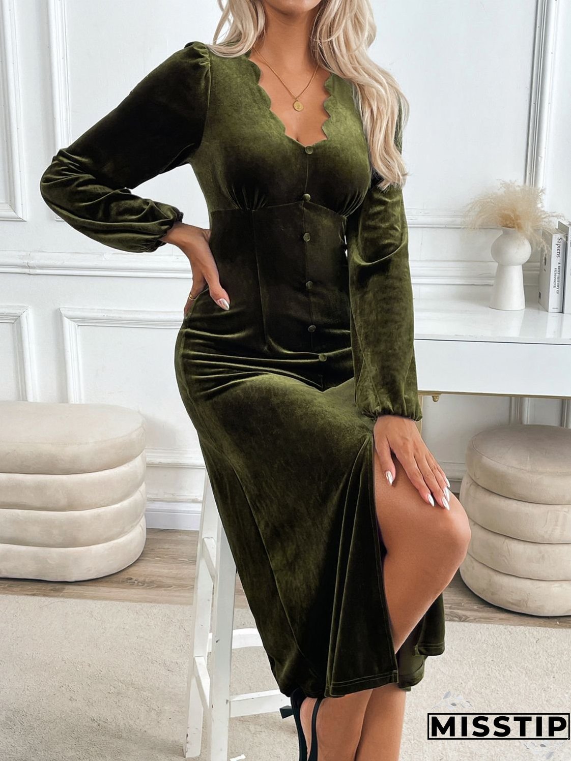 Perfee Slit V-Neck Long Sleeve Midi Dress