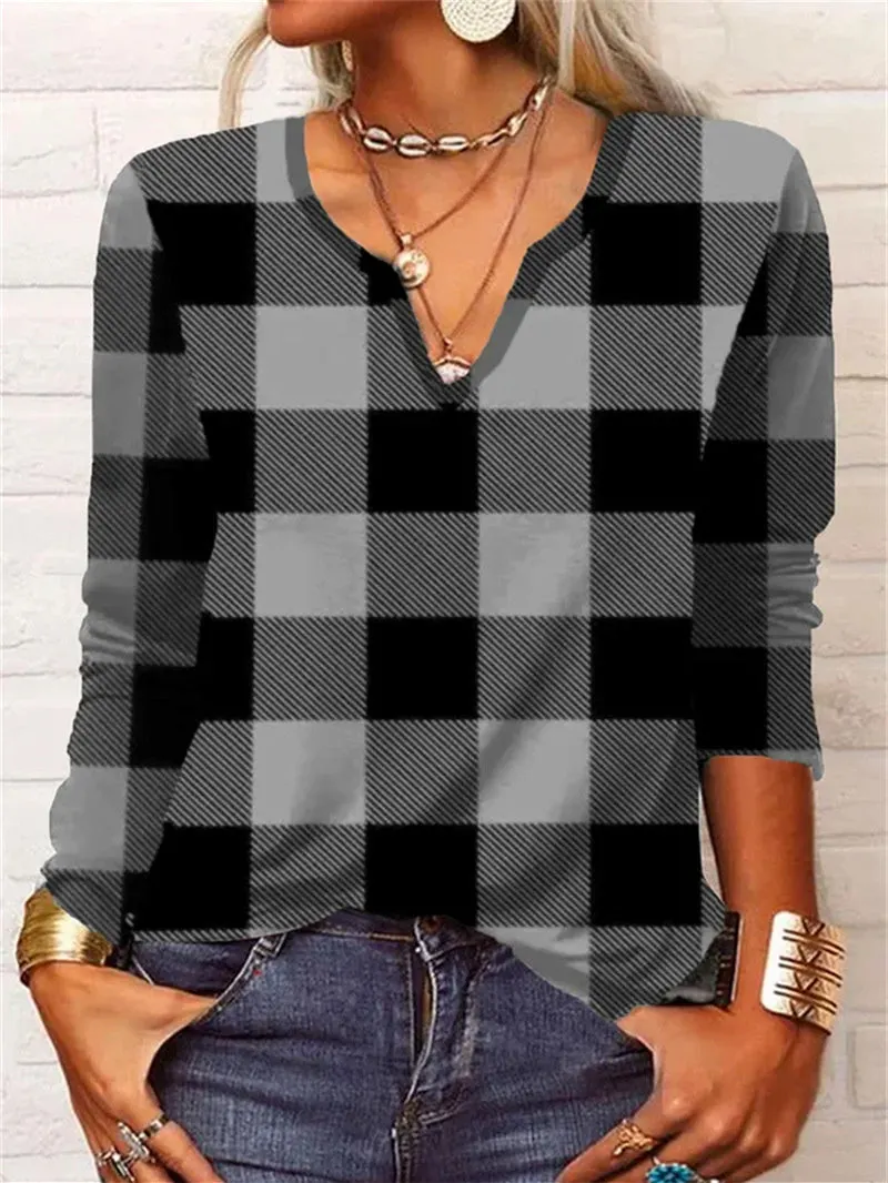 Women's V-Neck Long Sleeve Plaid Tops