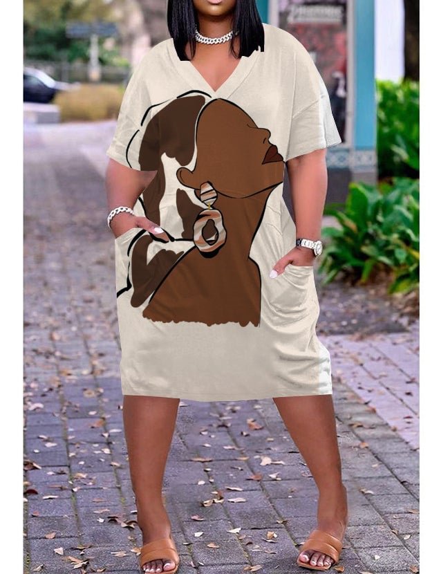 3D printed loose plus size v-neck mid-sleeve dress