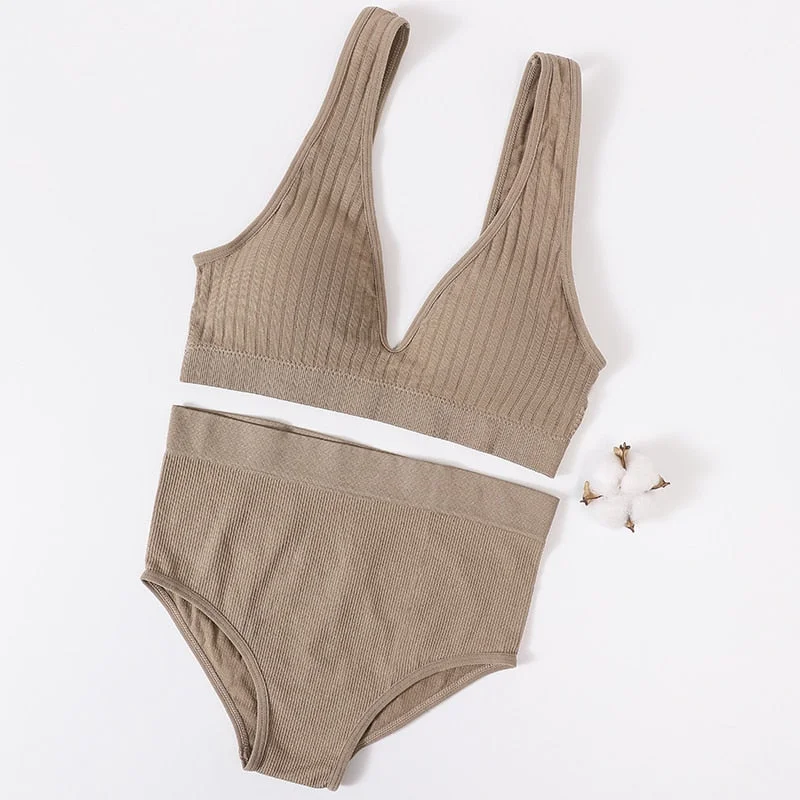 Women's Underwear Sports Bra Panties Set Female Wirefree Brassiere Seamless Top Sexy Set High Waist Brief V Neck Lingerie Set