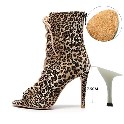 VCshoes Woman Latin Ballroom Leopard Print Modern Dance Shoes Suede Rubber Sole Jazz Salsa Cuban Slim Heels Ladies Open Toe Ankle Boots
