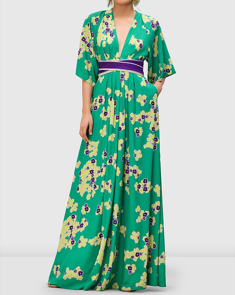 printed flared sleeve v-neck maxi dress