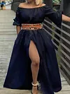 Solid Color Off-The-Shoulder  Puff Sleeves Split-Front Maxi Dress