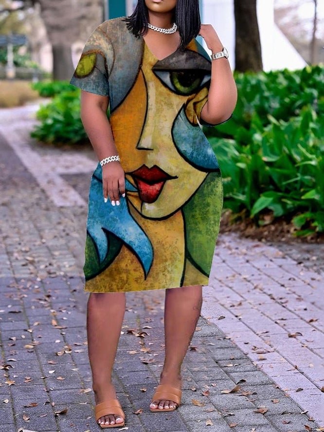 3D printed loose plus size v-neck mid-sleeve dress