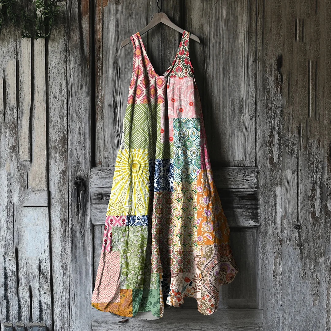 Women's Vintage Floral Patchwork Cotton And Linen Dress