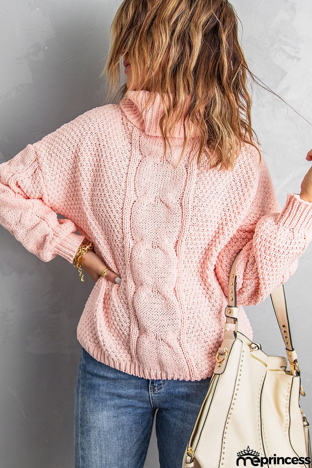 Pink Turtleneck Cable Knit Sweater