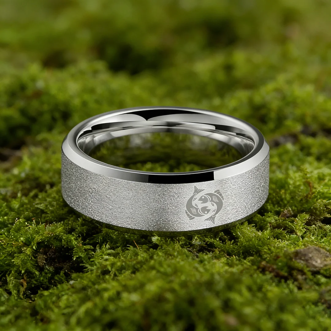 Sliver Edges and Laser Etched Wedding Band Comfort Fit Mens Womens Sliver Pisces Tungsten Carbide Rings 4MM 6MM 8MM