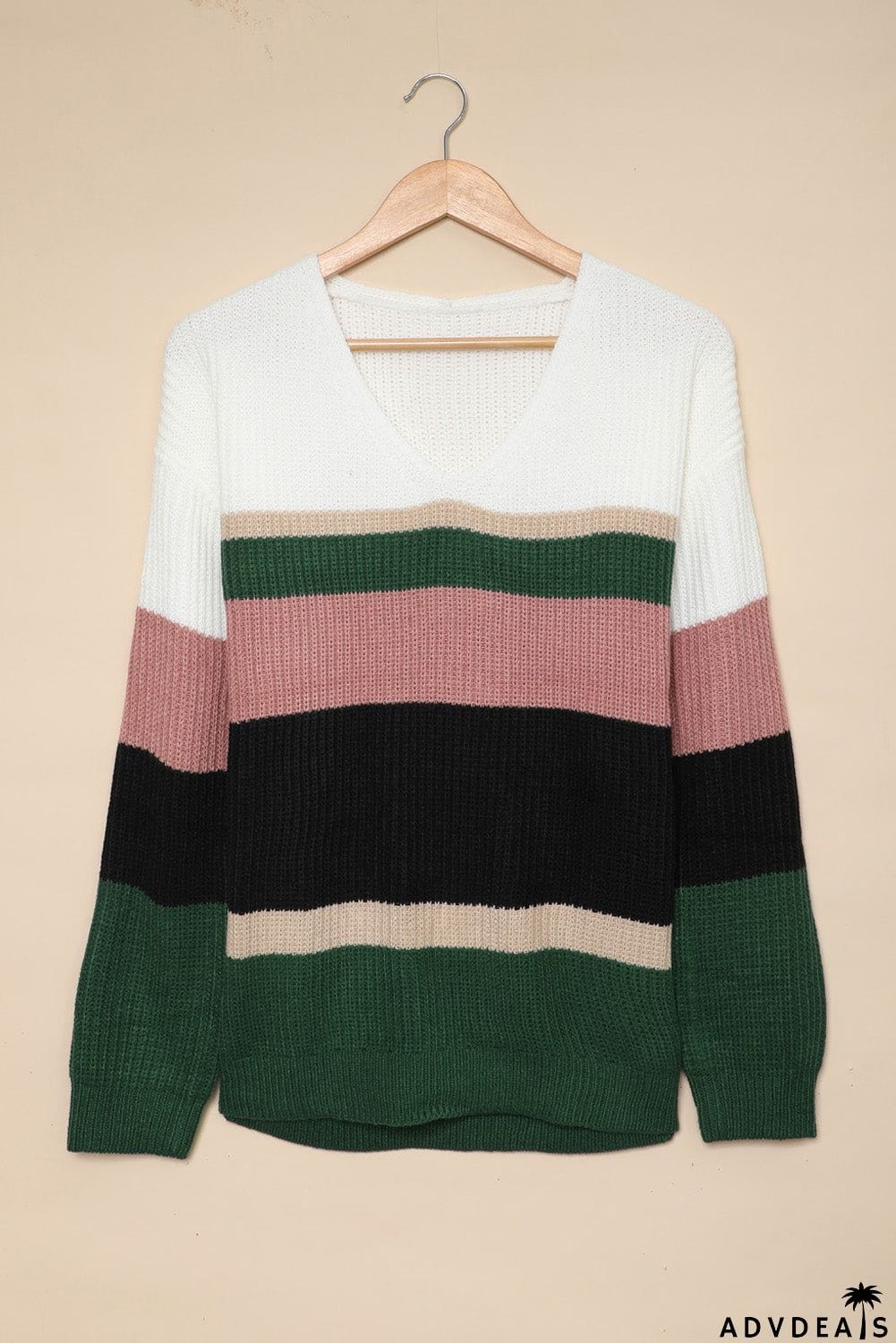 Khaki Colorblock V Neck Ribbed Knitted Sweater