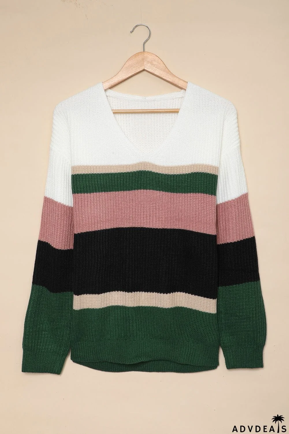 Khaki Colorblock V Neck Ribbed Knitted Sweater