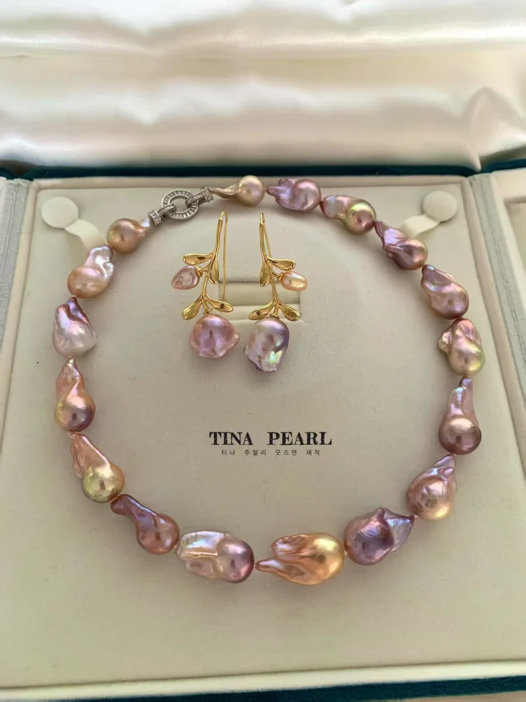 Colorful baroque pearl necklace and earrings S925 free shipping