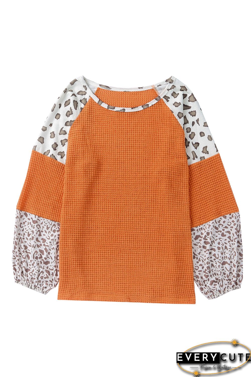Orange Leopard Colorblock Waffle Knit Top