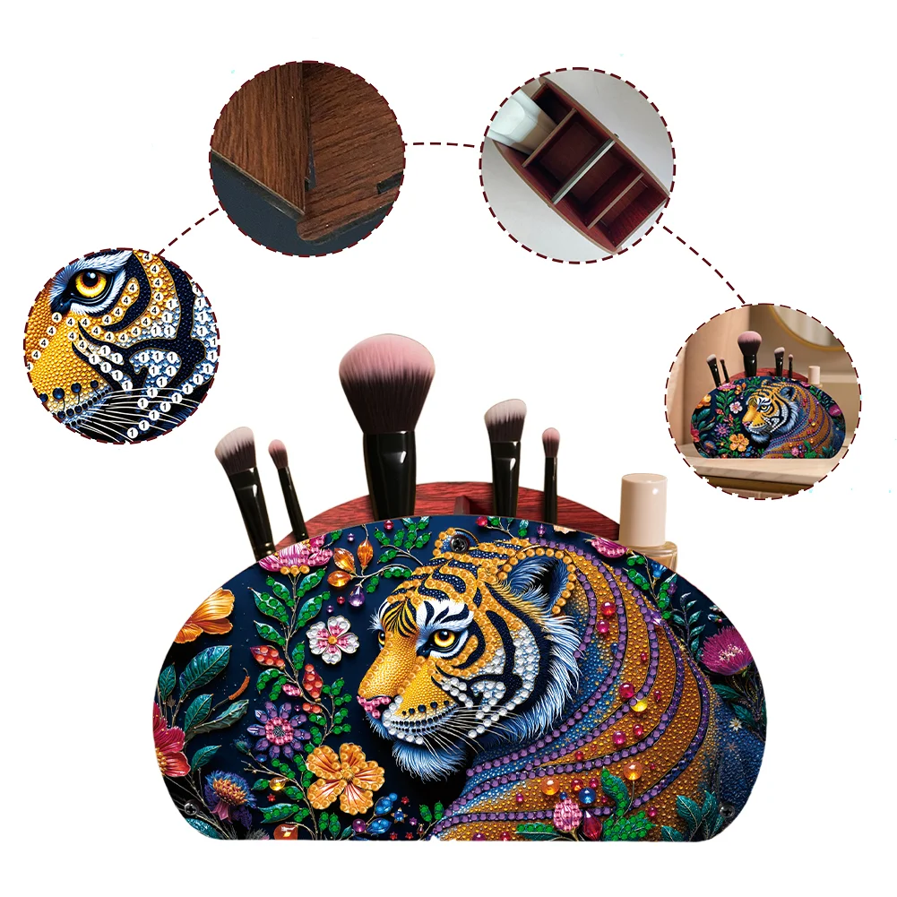 DIY Gem Tiger Design Wooden Diamond Painting Makeup Brush Storage Box Organizer